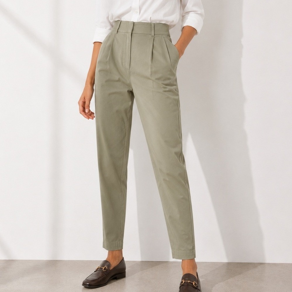 Zara Womens High Waisted Pleated Chino Pants Tapered Khaki Tan Size S 26 NWOT